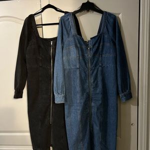 Blue Denim Zip Front Puff Sleeve Dress. Future Collective Kahlana Barfield Brown